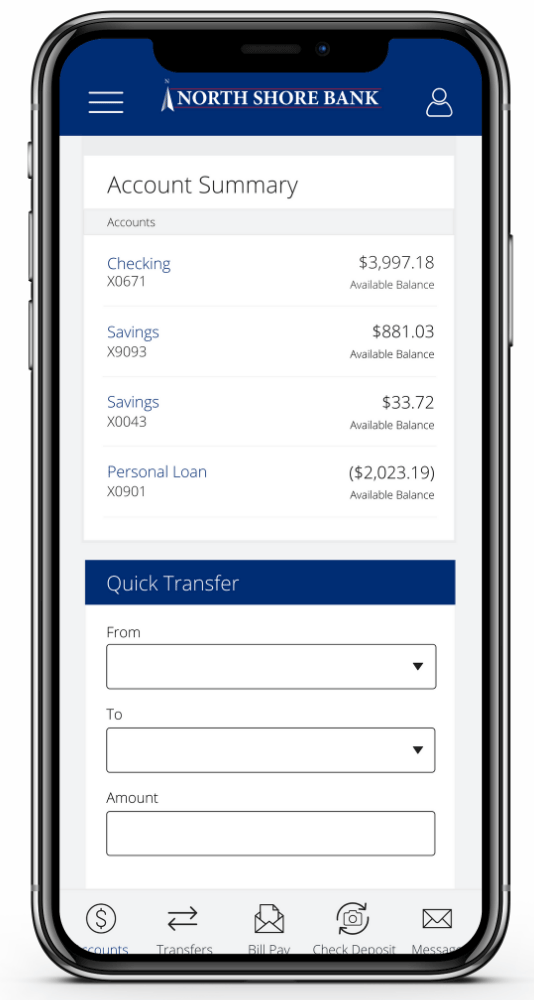 North Shore Bank Mobile Banking App on cell phone